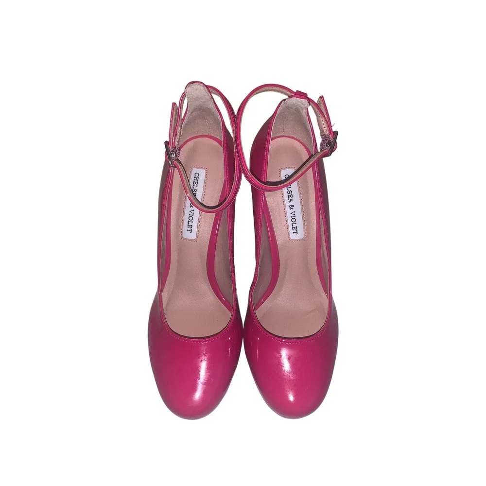 Chelsea & Violet Mia Pink Patent Ankle Strap Platform Block Heel Pumps Size 6.5